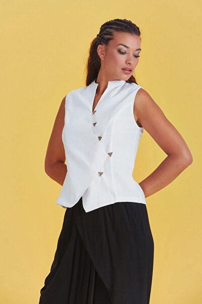 Los banditos Αυθεντική αμάνικη λευκή μπλούζα με λεπτομέρεια σταυρωτού κουμπιού