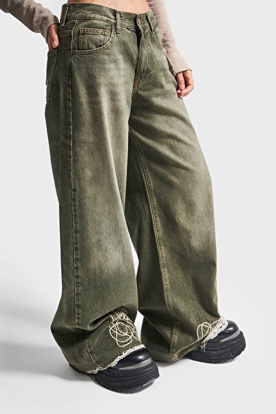 its basic Women's Khaki Color 2W415 100% Cotton Palazzo Fit Denim with Embroidered Legs