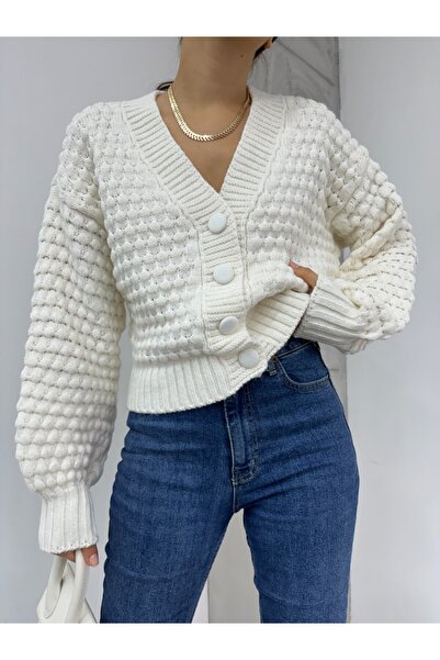 Modamorfo Embossed Knitted Buttoned Sweater Cardigan - Ecru