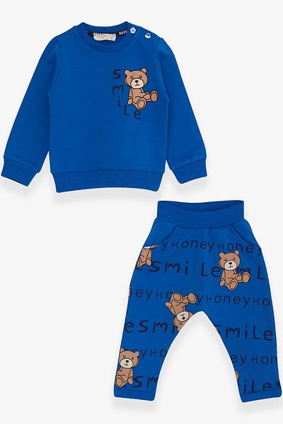 Breeze Baby Boy Tracksuit Set, Teddy Bear Printed, 9 Months-3 Years, Saks Blue