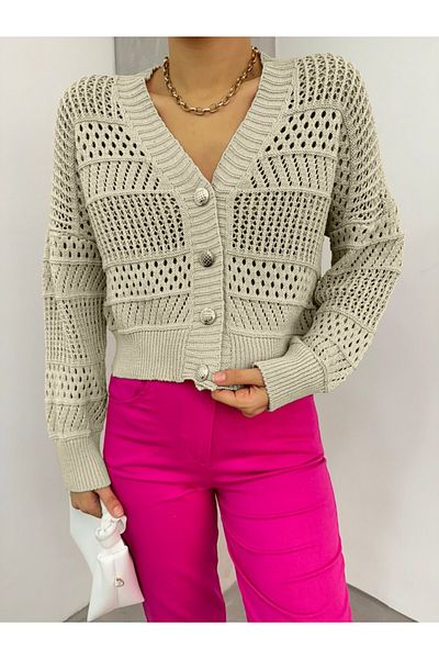 Modamorfo Openwork Mink Knitwear Cardigan - Buttoned