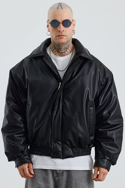 MADZEYMODA Мъжко черно първокласно ватирано яке Oversize - с подплата, дебела кожа Mz58538