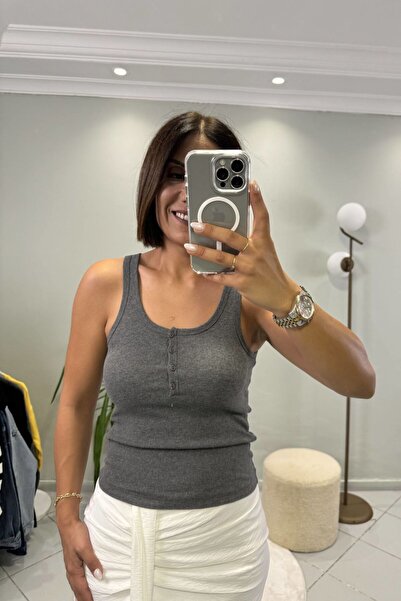 Bucle By Gizem Kare Yaka Düğmeli Top Gri