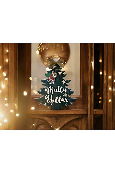 woodline Mutlu Yıllar Temalı Çam Ağacı Şeklinde Ahşap Kapı ve Duvar Süsü - Yılbaşı Dekoru