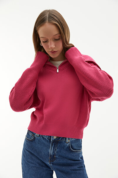 Mudo Women's Pink Stand Collar Zippered Knitwear Sweater