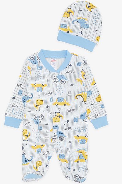 Breeze Baby Boy Booties Jumpsuit Fun Dinosaur Patterned 0-3 Months-6 Months, White