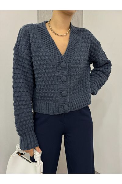 Modamorfo Embossed Knitted Buttoned Knitwear Cardigan - Indigo