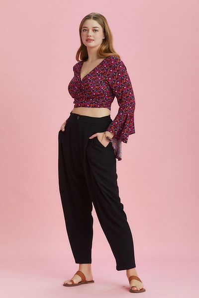 Los banditos Elastic Waist Pleated Black Plus Size Summer Trousers