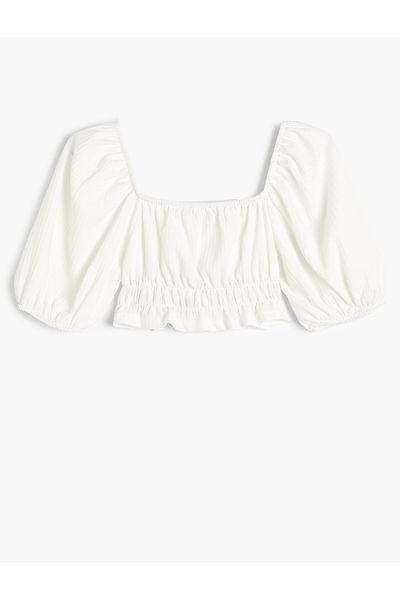 Koton Crop Blouse Short Balloon Sleeve Gathered Front