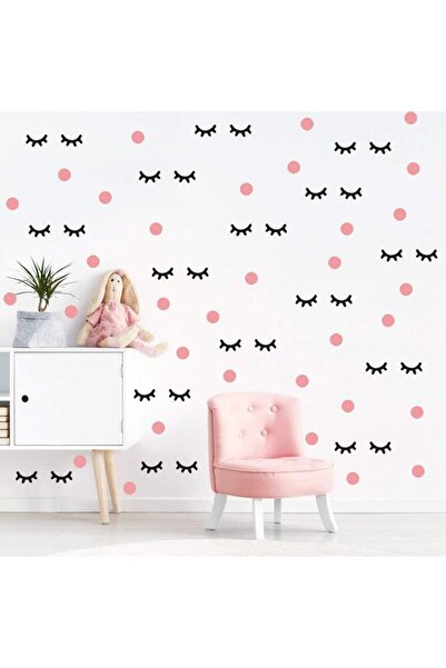 hediyepostası Pembe Polka Siyah Kirpik Çocuk Odası Duvar Sticker Minimalist D...
