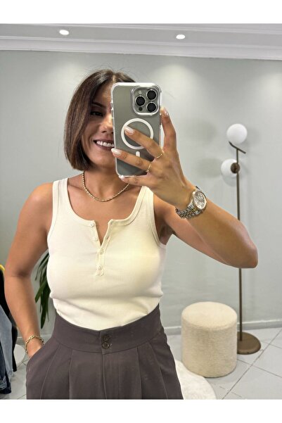 Bucle By Gizem Kare Yaka Düğmeli Top Bej