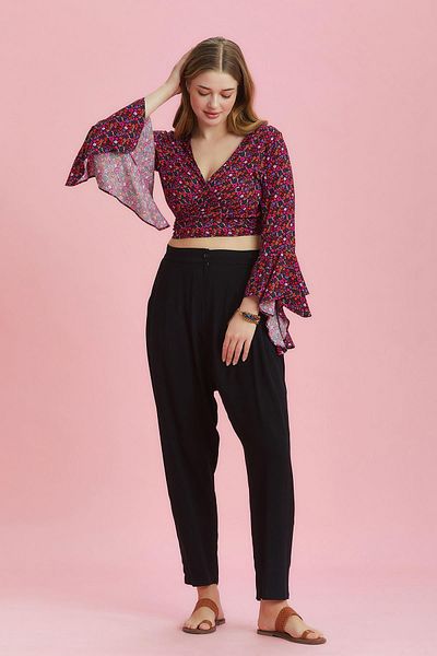 Los banditos Elastic Waist Pleated Black Plus Size Summer Trousers