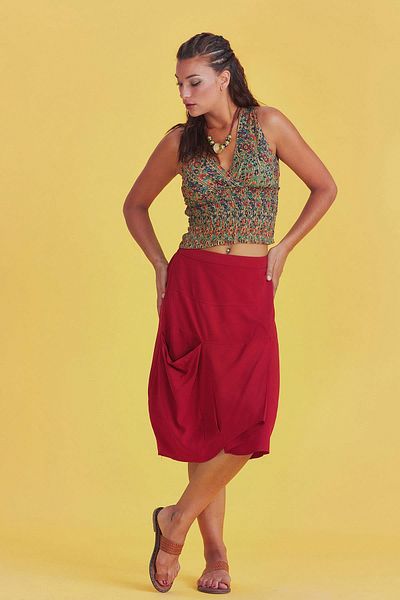 Los banditos Red Pocket Midi Skirt with Pleat Detail on the Front