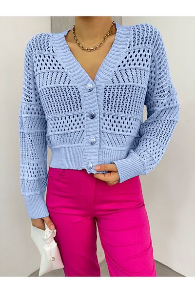 Modamorfo Kardigan z dzianiny ażurowej w kolorze baby blue - zapinany na guziki