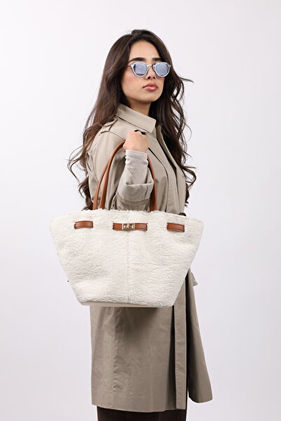 NOTHING Women's Tan Cream Plush Magnet Closure Lock Detailed Hand and Shoulder Bag
