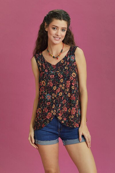 Los banditos Bluză pentru femei - Motiv floral negru, fără mâneci și nasturi