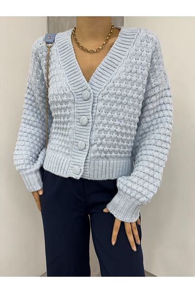 Modamorfo Blue Embossed Knitwear Cardigan - Buttoned