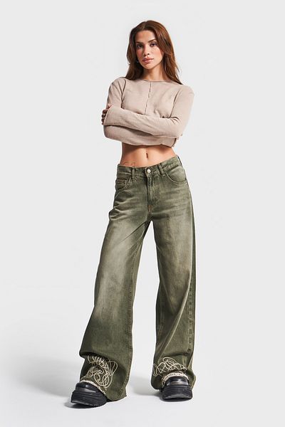 its basic Women's Khaki Color 2W415 100% Cotton Palazzo Fit Denim with Embroidered Legs