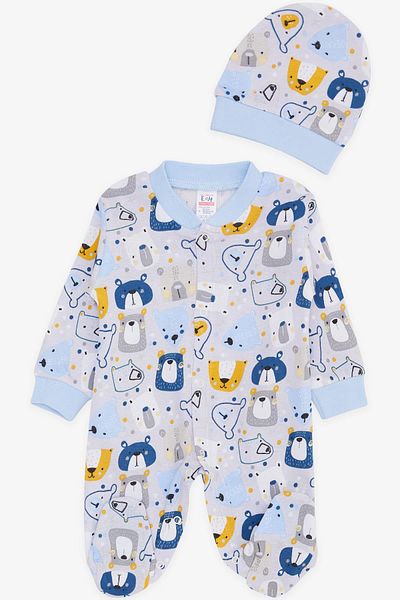 Breeze Baby Boy Booties Jumpsuit with Cute Teddy Bear Pattern 0-3 Months-6 Months, Ice Blue