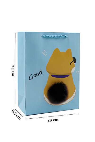 repro design 18x24 Sevimli Hayvan Temalı Ponponlu Karton Çanta 1 Adet (Mavi)