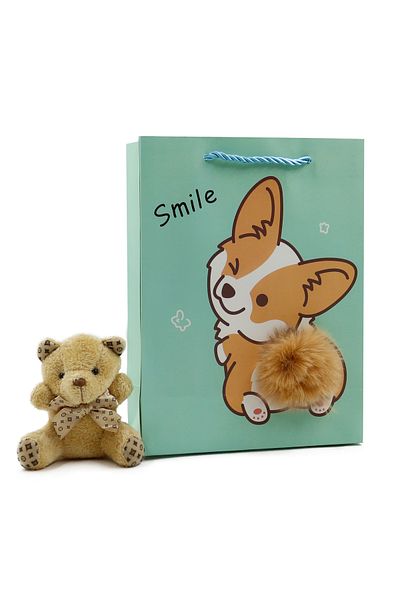 reprodesign 18X24 Cute Animal Themed Pompom Cardboard Bag 1 Piece (A.Green)