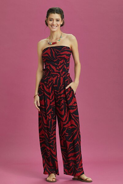 Los banditos Red Black Wide Leg Strapless Jumpsuit
