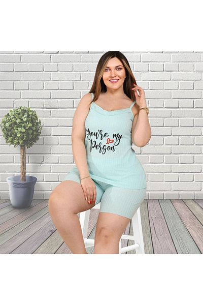 Gülfirik Tasarım Mint Color Ribbed Short Shorts 100% Cotton Large Size Women's Summer Pajamas Set