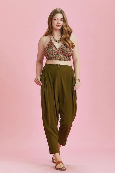 Los banditos Elastic Waist Pleated Khaki Plus Size Summer Trousers
