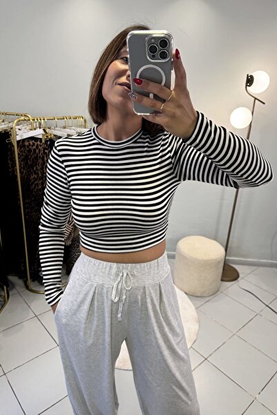 Bucle By Gizem Bisiklet Yaka Uzun Kol Crop Top Çizgili