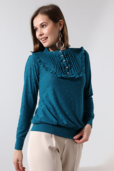 Şiir Γυναικεία μακρυά μπλούζα Negro - γιακάς, λεπτομέρεια βολάν, ραβδωτό κουμπί, πλεκτό ζακάρ χτενισμένο βαμβάκι