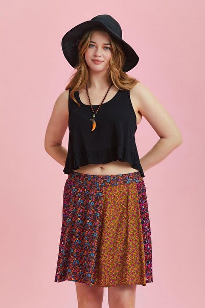 Los banditos Çiçek Desenli Patchwork Parçalı Büyük Beden Etek