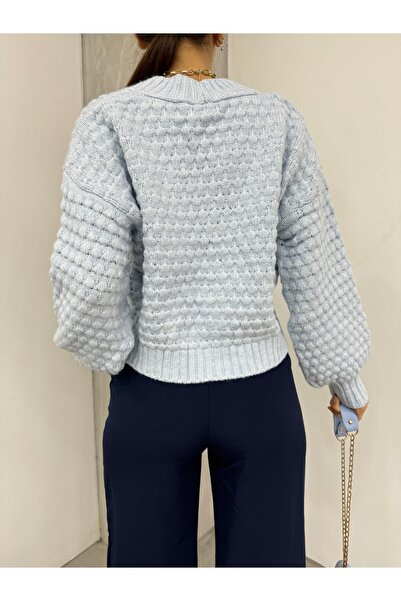 Modamorfo Embossed Knitted Buttoned Sweater Cardigan - Baby Blue