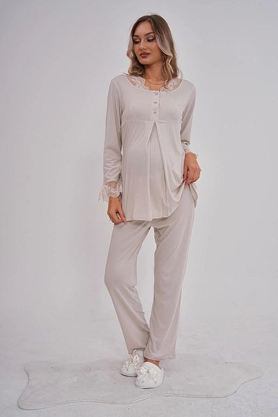 By Mecit Pijama Maternity Long Sleeve Guipure Detailed Pajamas Set 75% Cotton 25% Viscose