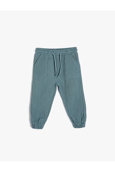 Koton Muslin Fabric Jogger Pants - Textured with Pocket Detail and Elastic Waist