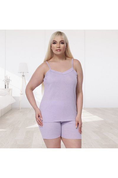 Gülfirik Tasarım Lilac Colored Ribbed Short Shorts Thin Straps 100% Cotton Plus Size Women's Summer Pajamas Set