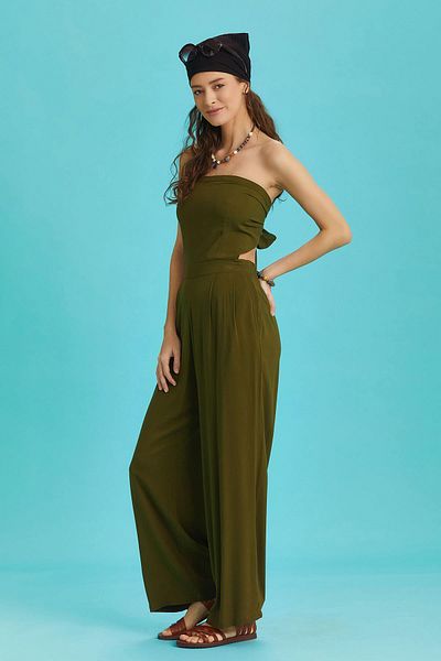 Los banditos Khaki Wide Leg Strapless Jumpsuit