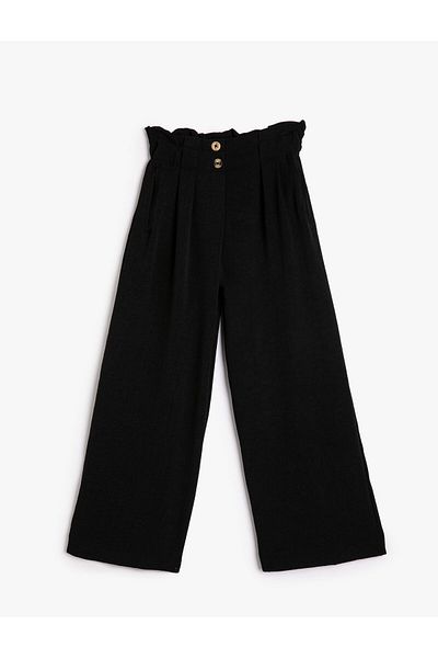 Koton Wide Leg Trousers Elastic Waist Pleated Button Detailed