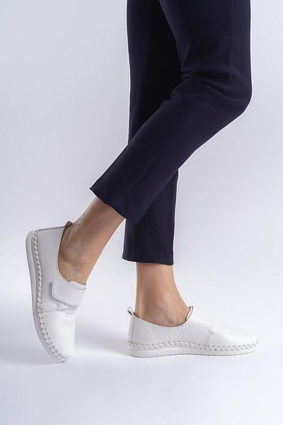 CZ London Pantofi de damă din piele naturală cu cusături cu velcro, cu vârf rotund, cu talpă plată