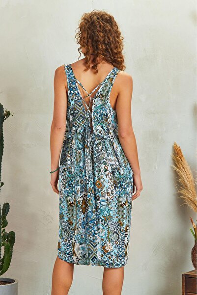 Los banditos Kuş Gözü Sırt Detay Midi Patch Desenli Günlük Elbise