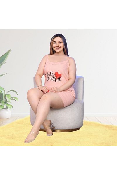 Gülfirik Tasarım Peach Colored Corduroy Short Shorts Thin Straps 100% Cotton Plus Size Women's Summer Pajamas Set