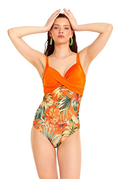 Argento Draped Leaf Patterned Swimsuit