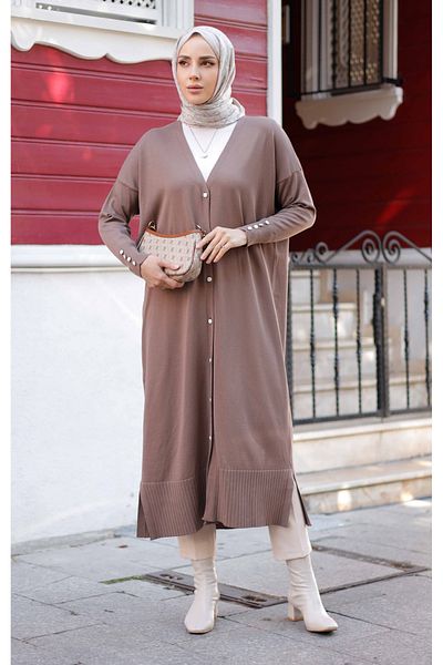 Pamuk Butik Γυναικεία Πλεκτά Ολόσωμη Ζακέτα Mercerized με λεπτομέρεια με κουμπιά Sütlükkahve