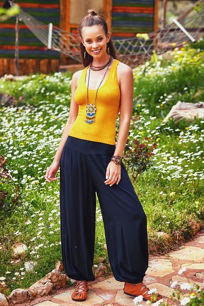 Los banditos Pantaloni Shalwar largi, cu model etnic, cu talie elastică