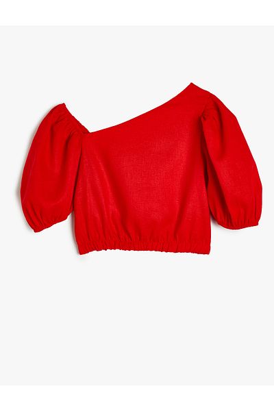 Koton Crop Linen Blouse Balloon Sleeve Asymmetric Collar
