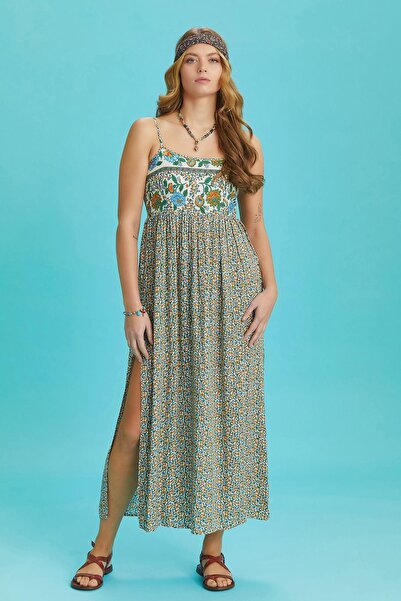 Los banditos Askılı Yırtmaçlı Robadan Çiçekli Kadın Elbise