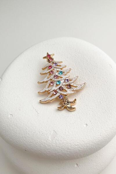Modex Yılbaşı Özel Altın Renkli Taşlı Çam Ağacı Broş (5cm)