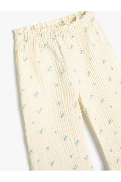 Koton Çiçekli Pantolon Geniş Paça Beli Lastikli Pamuklu Rahat Kalıp