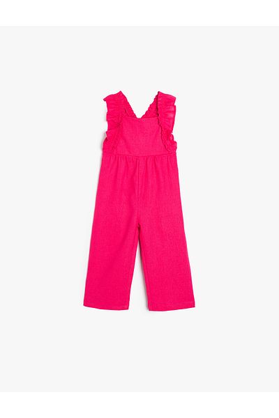 Koton Leinen-Jumpsuit mit Trägern, volle Länge, weites Bein mit Rüschendetail