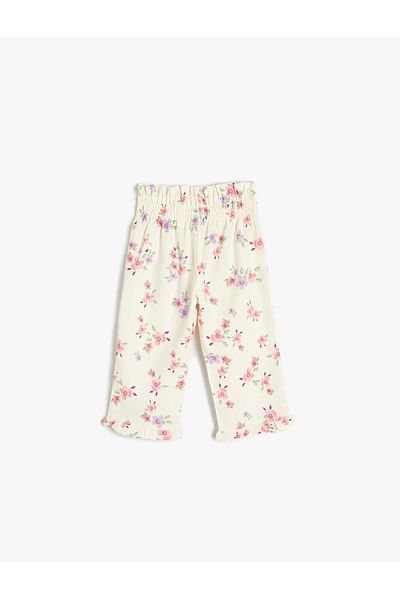 Koton Linen Trousers - Wide Leg, Floral Pattern and Elastic Waist Texture