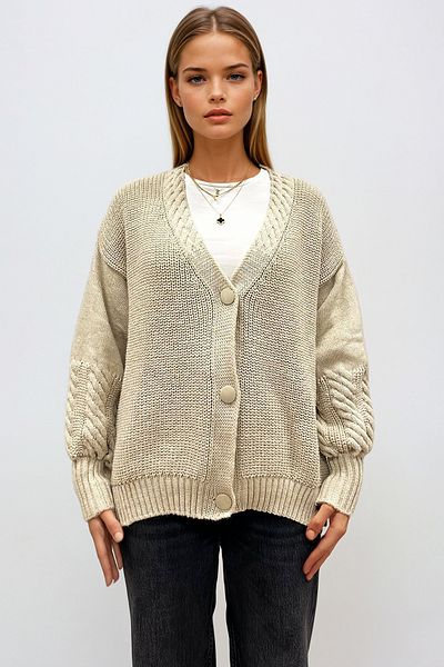 VAGGON Women's Ecru Wide Cuffed Curl Braided Deep V Neck Knitwear Cardigan Prm1285